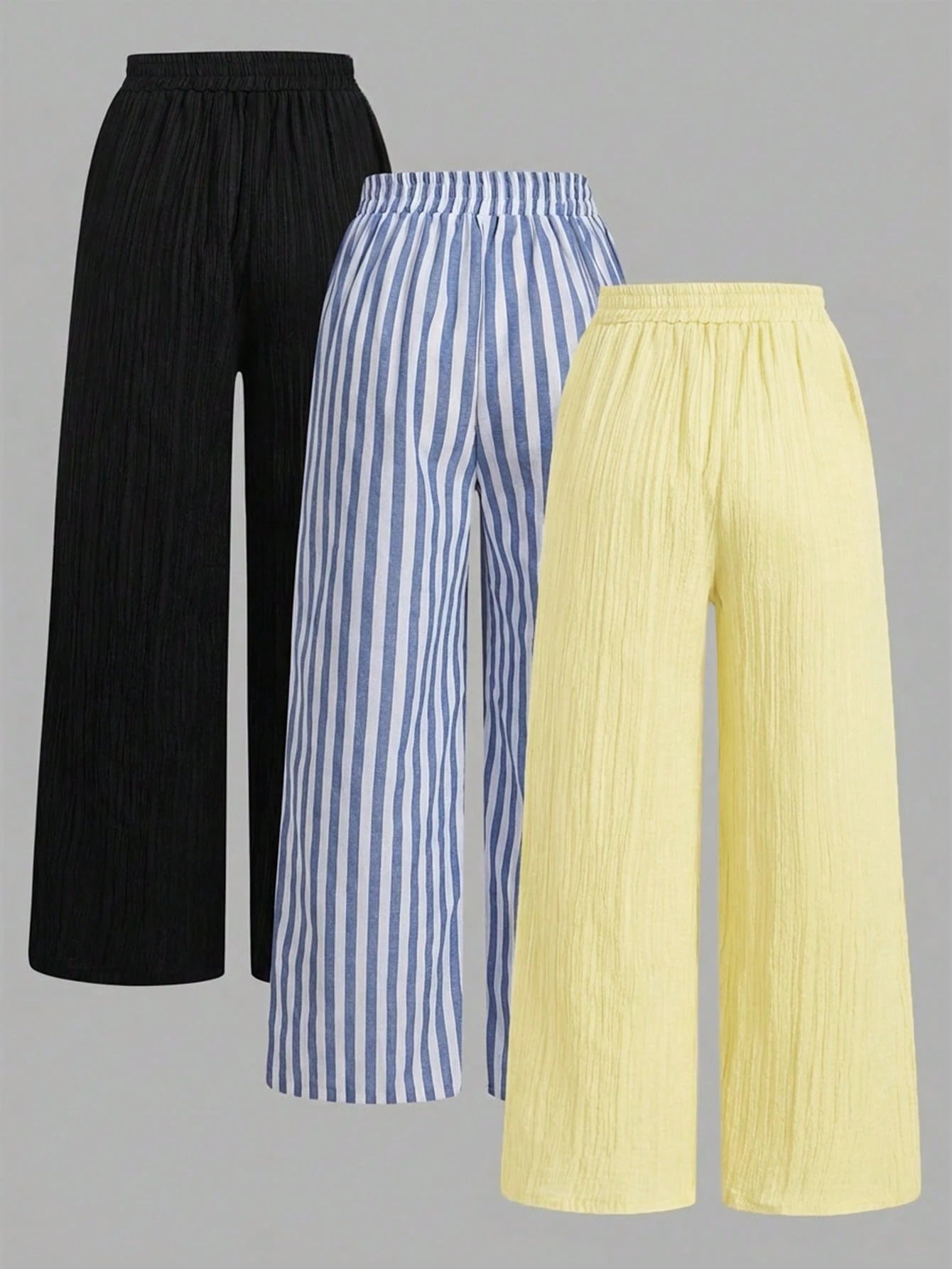 Essnce 3pcs Set Black,Yellow & Blue And White Stripe Nautical Style Straight Leg Pants,Summer Boho Vacation Casual Waist Tie Pocket Suit For Women