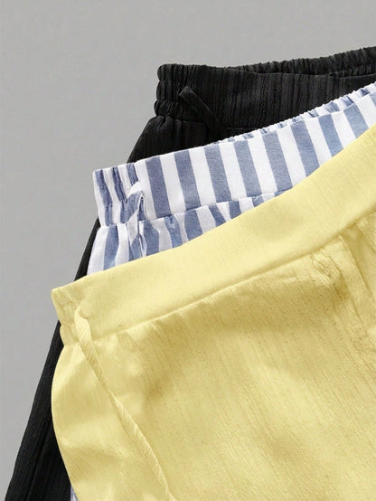 Essnce 3pcs Set Black,Yellow & Blue And White Stripe Nautical Style Straight Leg Pants,Summer Boho Vacation Casual Waist Tie Pocket Suit For Women