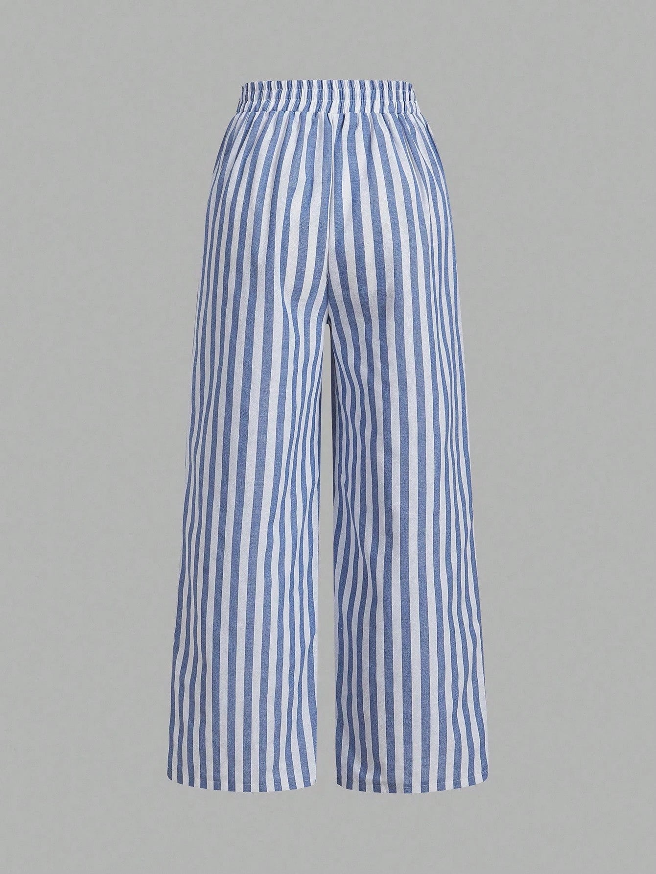 Essnce 3pcs Set Black,Yellow & Blue And White Stripe Nautical Style Straight Leg Pants,Summer Boho Vacation Casual Waist Tie Pocket Suit For Women