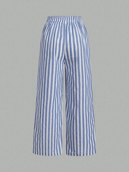 Essnce 3pcs Set Black,Yellow & Blue And White Stripe Nautical Style Straight Leg Pants,Summer Boho Vacation Casual Waist Tie Pocket Suit For Women