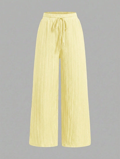 Essnce 3pcs Set Black,Yellow & Blue And White Stripe Nautical Style Straight Leg Pants,Summer Boho Vacation Casual Waist Tie Pocket Suit For Women