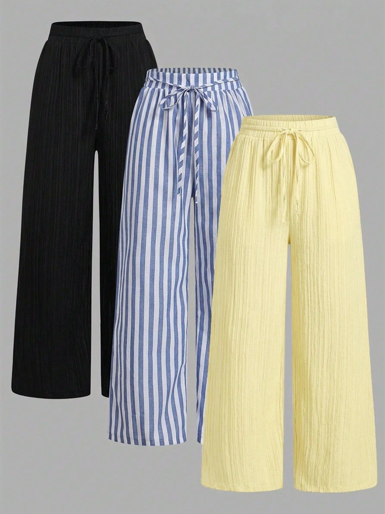 Essnce 3pcs Set Black,Yellow & Blue And White Stripe Nautical Style Straight Leg Pants,Summer Boho Vacation Casual Waist Tie Pocket Suit For Women