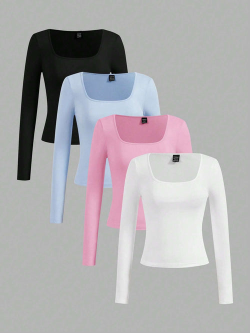 Essnce 4pcs/Set Casual Minimalist Multi-Color Slim Fit Crew Neck Long Sleeve Tees For Women, Autumn/Winter