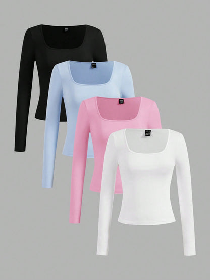 Essnce 4pcs/Set Casual Minimalist Multi-Color Slim Fit Crew Neck Long Sleeve Tees For Women, Autumn/Winter