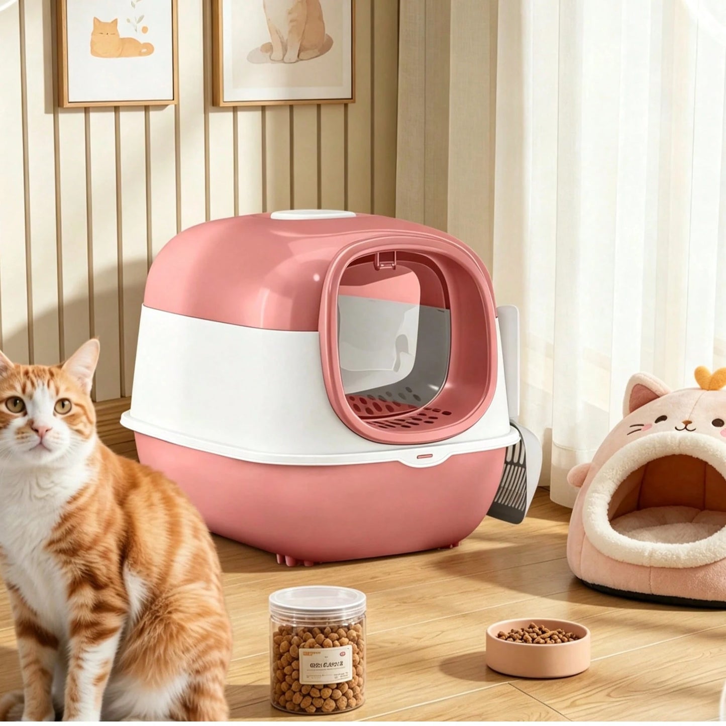 Extra Large Enclosed Cat Litter Box, Anti-Splash, Removable Flip-Up Toilet With Litter Scoop Pet Litter Box Fully Enclosed Spillproof Deodorant Cat Toilet Two-Way Shovel Large Capacity Cat Toilet Litt