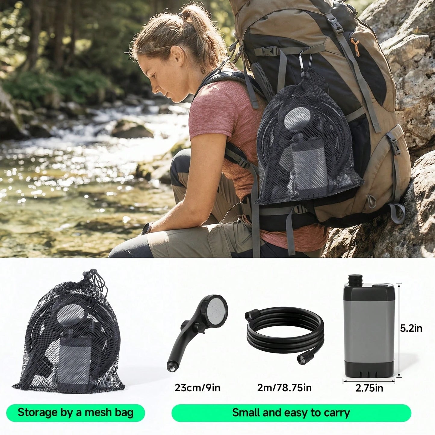 EZIFY 6000mAh Rechargeable Portable Camping Shower Set, 4 Spray Modes, 120 Minutes Long Battery Life, IPX7 Waterproof Compact Outdoor Shower, Multipurpose For Camping, Hiking, Beach, Car Washing, Pet