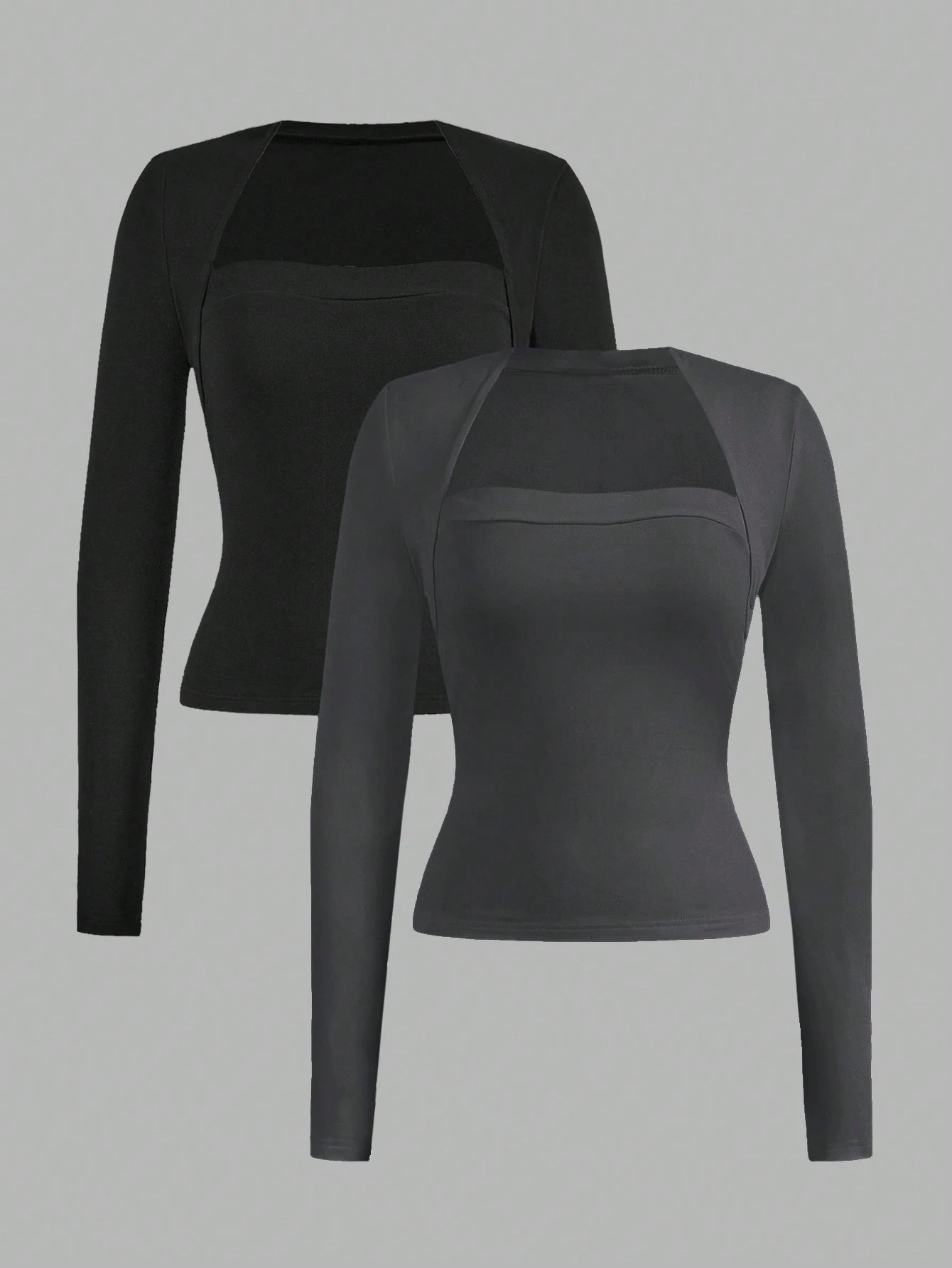 EZwear 2pcs Set Casual Minimalist Long Sleeve Plus Size T-Shirts, Black & Gray, Autumn/Winter Fall