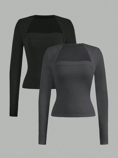 EZwear 2pcs Set Casual Minimalist Long Sleeve Plus Size T-Shirts, Black & Gray, Autumn/Winter Fall