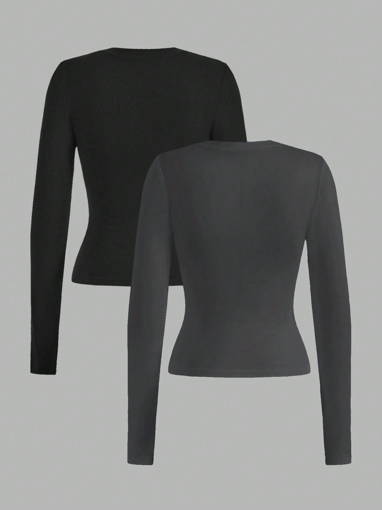 EZwear 2pcs Set Casual Minimalist Long Sleeve Plus Size T-Shirts, Black & Gray, Autumn/Winter Fall