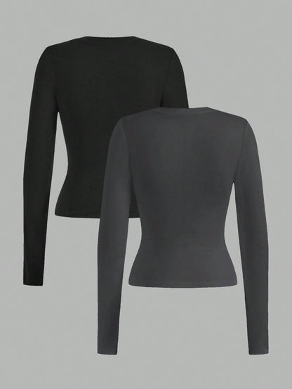 EZwear 2pcs Set Casual Minimalist Long Sleeve Plus Size T-Shirts, Black & Gray, Autumn/Winter Fall