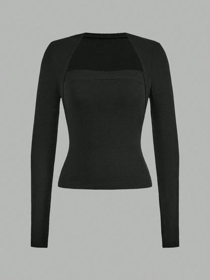 EZwear 2pcs Set Casual Minimalist Long Sleeve Plus Size T-Shirts, Black & Gray, Autumn/Winter Fall
