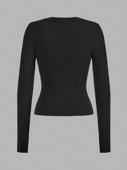 EZwear 2pcs Set Casual Minimalist Long Sleeve Plus Size T-Shirts, Black & Gray, Autumn/Winter Fall
