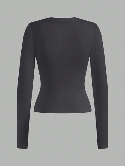 EZwear 2pcs Set Casual Minimalist Long Sleeve Plus Size T-Shirts, Black & Gray, Autumn/Winter Fall