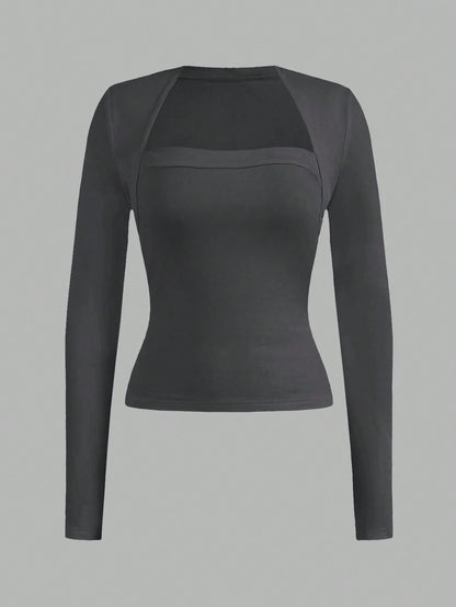EZwear 2pcs Set Casual Minimalist Long Sleeve Plus Size T-Shirts, Black & Gray, Autumn/Winter Fall