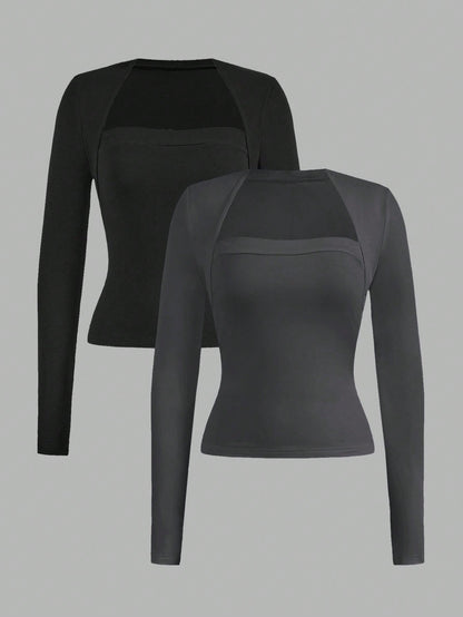 EZwear 2pcs Set Casual Minimalist Long Sleeve Plus Size T-Shirts, Black & Gray, Autumn/Winter Fall