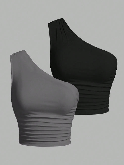 EZwear 2pcs/Set Plus Size Women Black & Gray Shoulder Strap Top