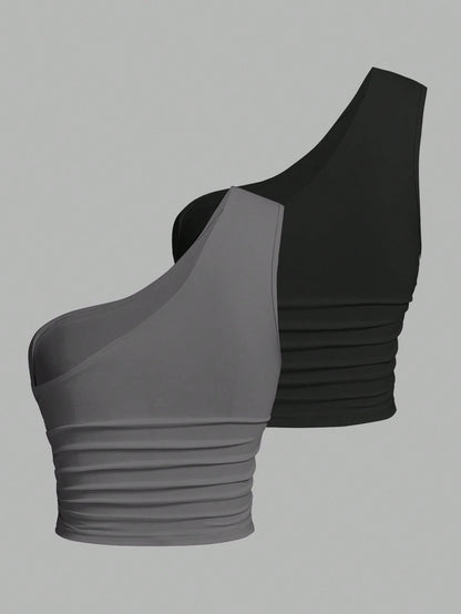 EZwear 2pcs/Set Plus Size Women Black & Gray Shoulder Strap Top