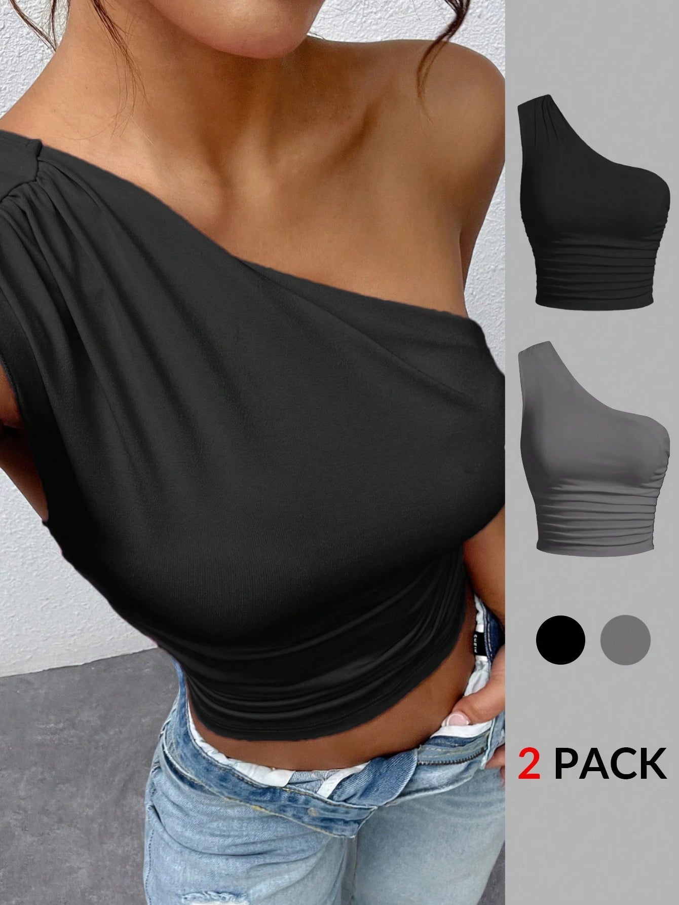 EZwear 2pcs/Set Plus Size Women Black & Gray Shoulder Strap Top