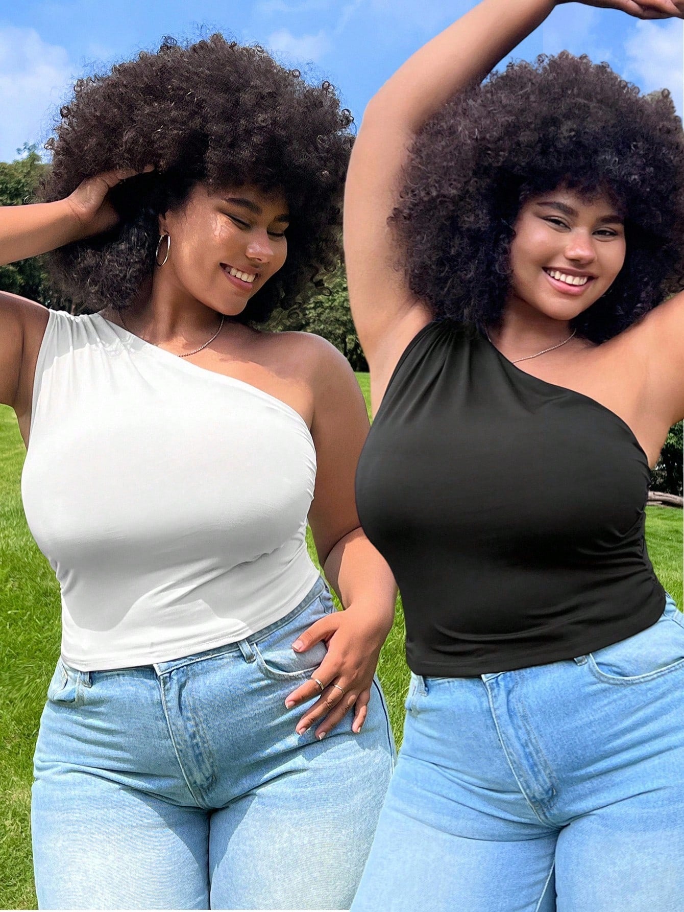 EZwear 2pcs/Set Plus Size Women Black & Gray Shoulder Strap Top