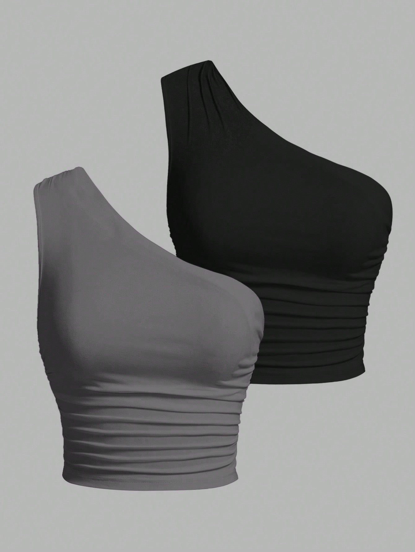 EZwear 2pcs/Set Plus Size Women Black & Gray Shoulder Strap Top
