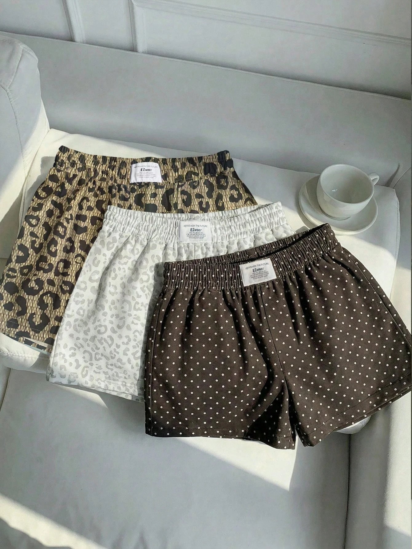 EZwear 3pcs Brown And White Polka Dot,Summer,70s,Home,Light Leopard Print Casual Shorts Set,Woven Fabric,Elegant Y2K Fashion Outing Vacation Shorts Set