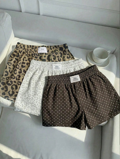 EZwear 3pcs Brown And White Polka Dot,Summer,70s,Home,Light Leopard Print Casual Shorts Set,Woven Fabric,Elegant Y2K Fashion Outing Vacation Shorts Set