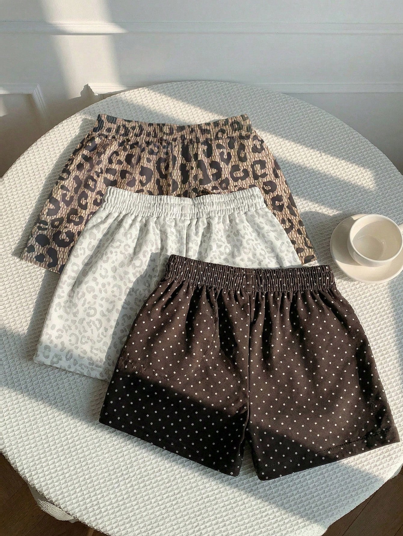 EZwear 3pcs Brown And White Polka Dot,Summer,70s,Home,Light Leopard Print Casual Shorts Set,Woven Fabric,Elegant Y2K Fashion Outing Vacation Shorts Set