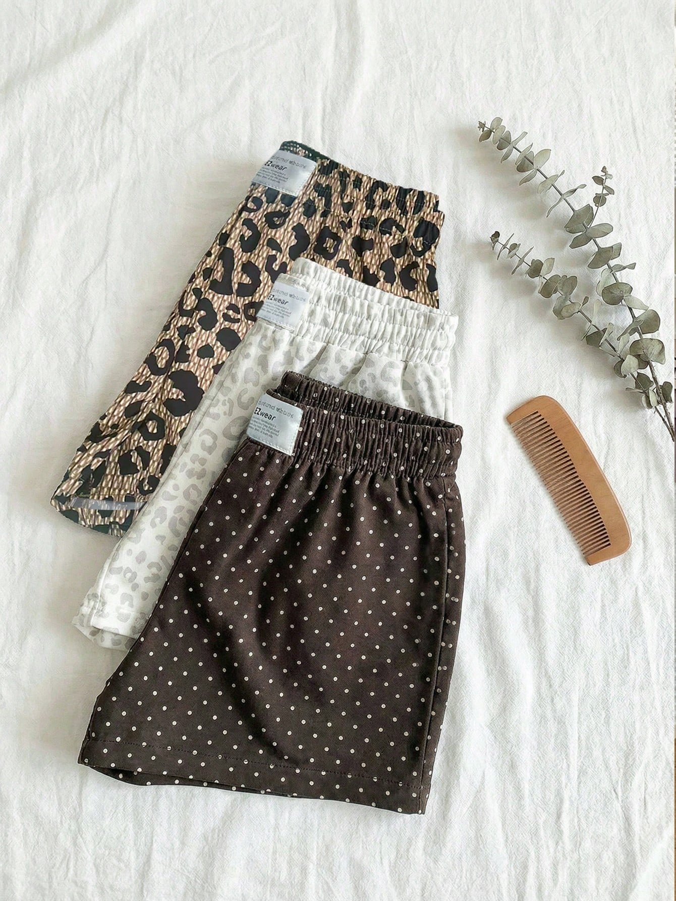 EZwear 3pcs Brown And White Polka Dot,Summer,70s,Home,Light Leopard Print Casual Shorts Set,Woven Fabric,Elegant Y2K Fashion Outing Vacation Shorts Set
