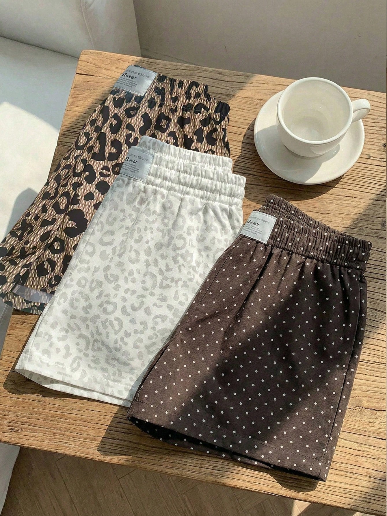 EZwear 3pcs Brown And White Polka Dot,Summer,70s,Home,Light Leopard Print Casual Shorts Set,Woven Fabric,Elegant Y2K Fashion Outing Vacation Shorts Set