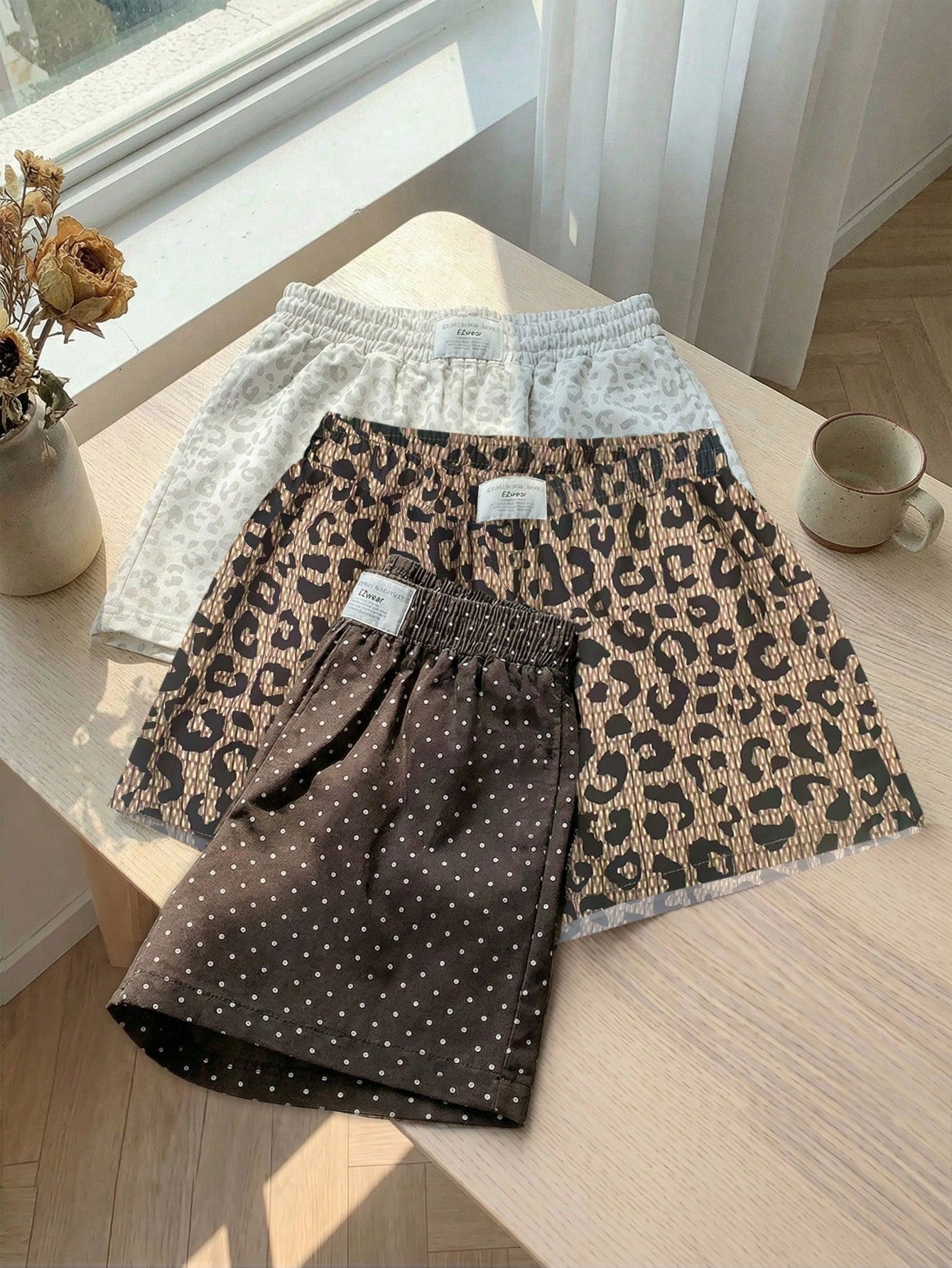 EZwear 3pcs Brown And White Polka Dot,Summer,70s,Home,Light Leopard Print Casual Shorts Set,Woven Fabric,Elegant Y2K Fashion Outing Vacation Shorts Set