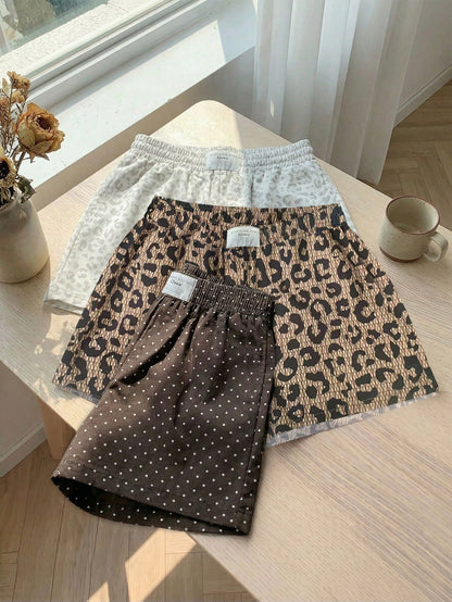 EZwear 3pcs Brown And White Polka Dot,Summer,70s,Home,Light Leopard Print Casual Shorts Set,Woven Fabric,Elegant Y2K Fashion Outing Vacation Shorts Set