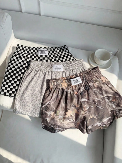 EZwear 3pcs Brown And White Polka Dot,Summer,70s,Home,Light Leopard Print Casual Shorts Set,Woven Fabric,Elegant Y2K Fashion Outing Vacation Shorts Set