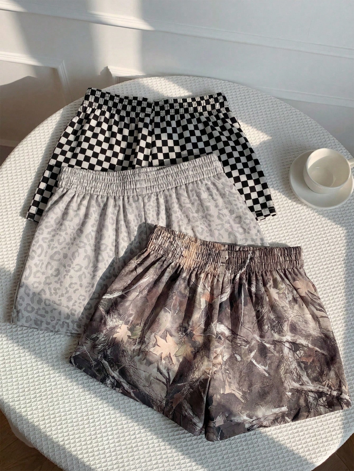 EZwear 3pcs Brown And White Polka Dot,Summer,70s,Home,Light Leopard Print Casual Shorts Set,Woven Fabric,Elegant Y2K Fashion Outing Vacation Shorts Set