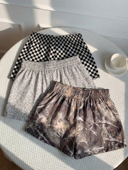 EZwear 3pcs Brown And White Polka Dot,Summer,70s,Home,Light Leopard Print Casual Shorts Set,Woven Fabric,Elegant Y2K Fashion Outing Vacation Shorts Set
