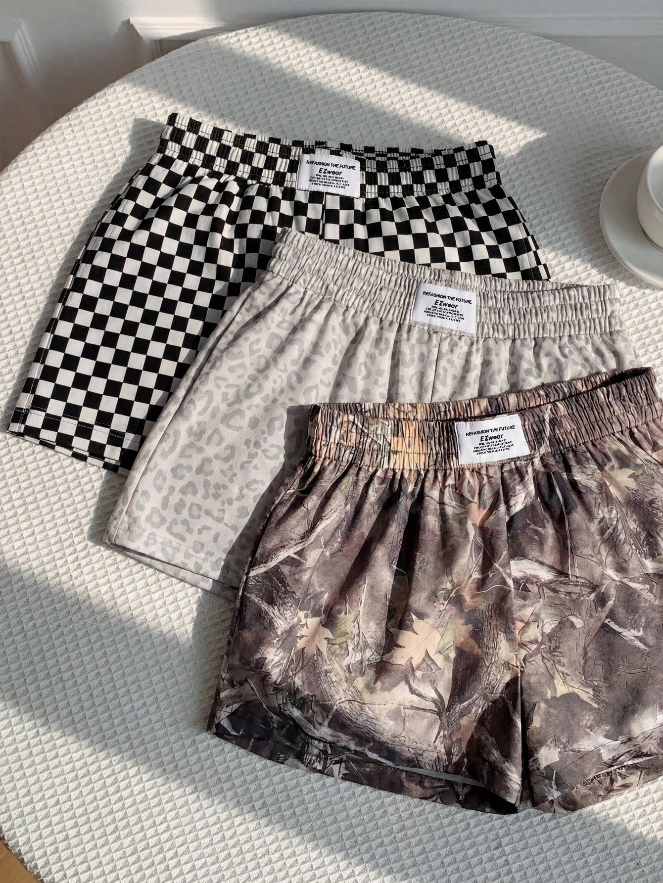 EZwear 3pcs Brown And White Polka Dot,Summer,70s,Home,Light Leopard Print Casual Shorts Set,Woven Fabric,Elegant Y2K Fashion Outing Vacation Shorts Set