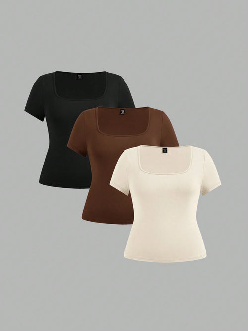 EZwear 3pcs/Set Crew Neck Short Sleeve Cropped Casual T-Shirt Pullover, Suitable For Summer, Plus Size Suitable For Going Out