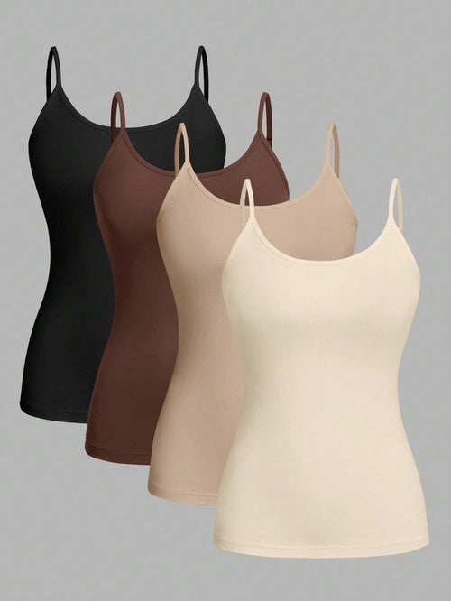 EZwear 4pcs/Set Plus Size Women Solid Color Casual Tight-Fitting Camisole Top, Versatile For Spring/Summer