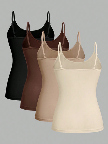 EZwear 4pcs/Set Plus Size Women Solid Color Casual Tight-Fitting Camisole Top, Versatile For Spring/Summer