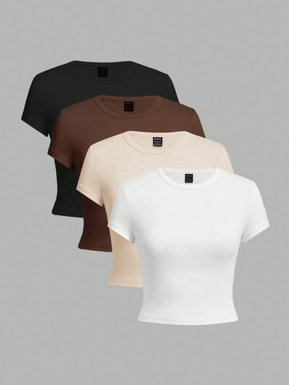 EZwear 4pcs/Set Solid Color Cropped Round Neck Short Sleeve Fitted Women T-Shirt, Suitable For Summer