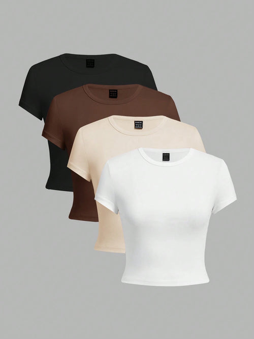EZwear 4pcs/Set Solid Color Cropped Round Neck Short Sleeve Fitted Women T-Shirt, Suitable For Summer