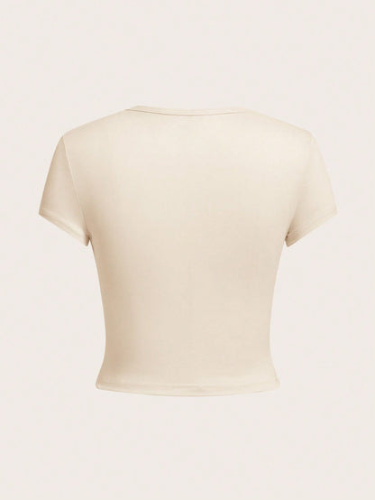 EZwear 4pcs/Set Solid Color Cropped Round Neck Short Sleeve Fitted Women T-Shirt, Suitable For Summer