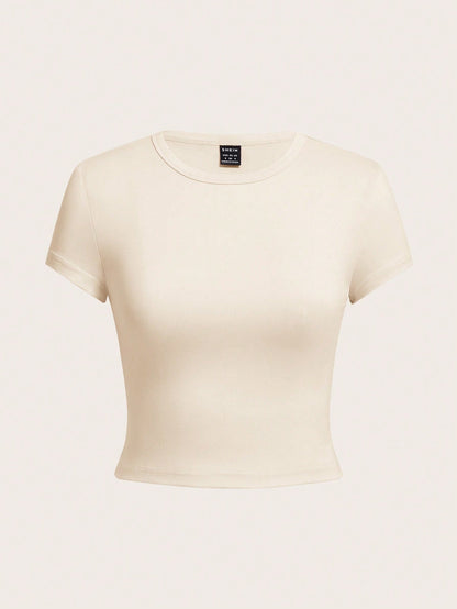 EZwear 4pcs/Set Solid Color Cropped Round Neck Short Sleeve Fitted Women T-Shirt, Suitable For Summer