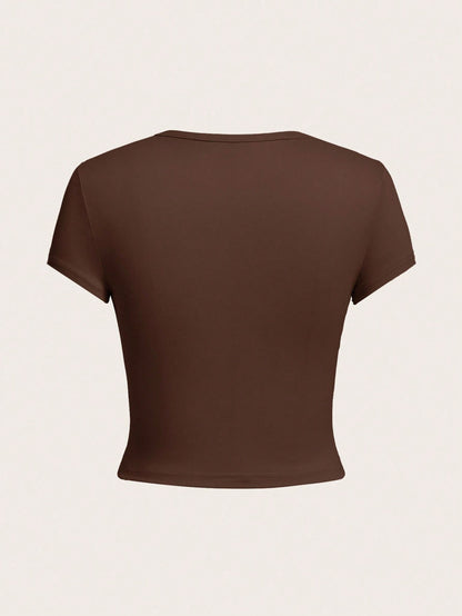 EZwear 4pcs/Set Solid Color Cropped Round Neck Short Sleeve Fitted Women T-Shirt, Suitable For Summer