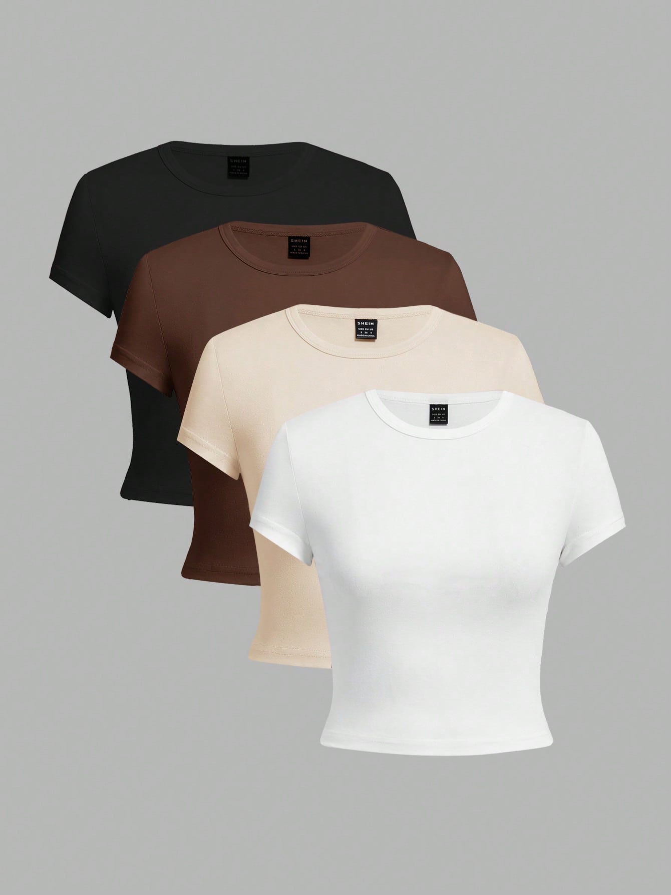 EZwear 4pcs/Set Solid Color Cropped Round Neck Short Sleeve Fitted Women T-Shirt, Suitable For Summer