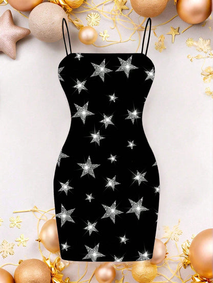 EZwear Casual Fairycore Sexy Minimalist Allover Print Sleeveless Women Summer Dress, For New Year Chic Dress Night Party Black And Silver