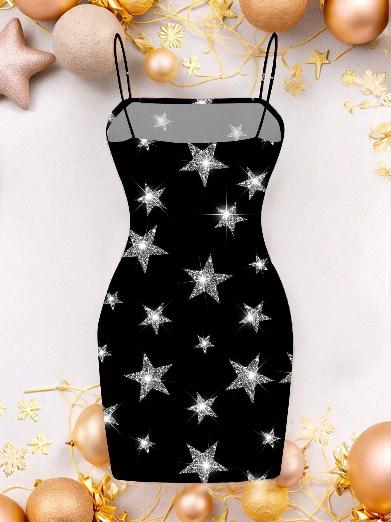 EZwear Casual Fairycore Sexy Minimalist Allover Print Sleeveless Women Summer Dress, For New Year Chic Dress Night Party Black And Silver
