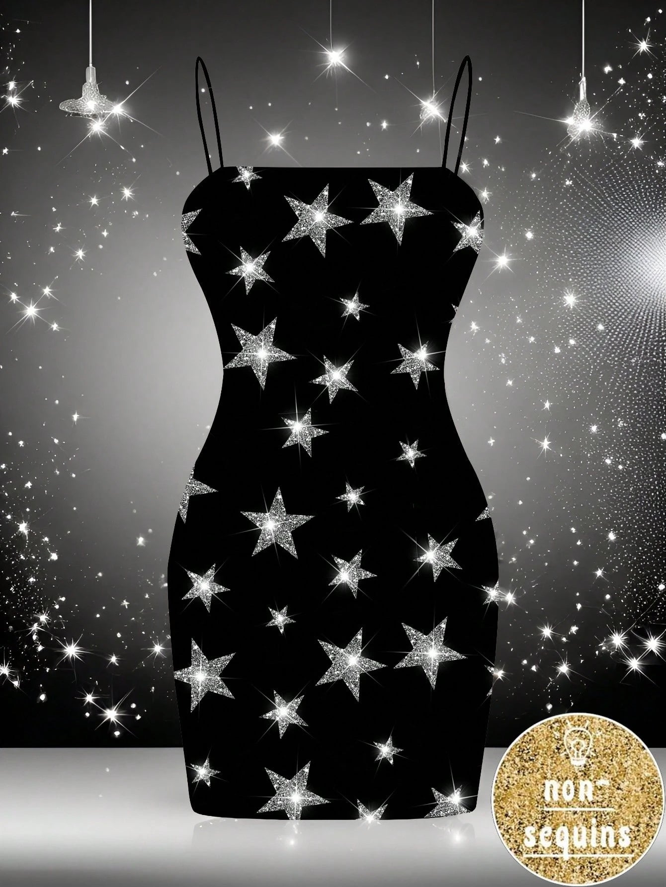 EZwear Casual Fairycore Sexy Minimalist Allover Print Sleeveless Women Summer Dress, For New Year Chic Dress Night Party Black And Silver