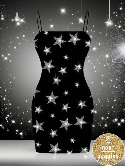 EZwear Casual Fairycore Sexy Minimalist Allover Print Sleeveless Women Summer Dress, For New Year Chic Dress Night Party Black And Silver