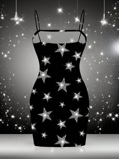 EZwear Casual Fairycore Sexy Minimalist Allover Print Sleeveless Women Summer Dress, For New Year Chic Dress Night Party Black And Silver