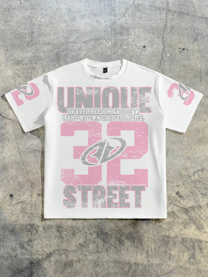 EZwear Casual Street Style, Sports Style, Pink Numeric Placement Print Pattern, Minimalist Round Neck Short Sleeve Loose T-Shirt, Unisex, Suitable For Summer